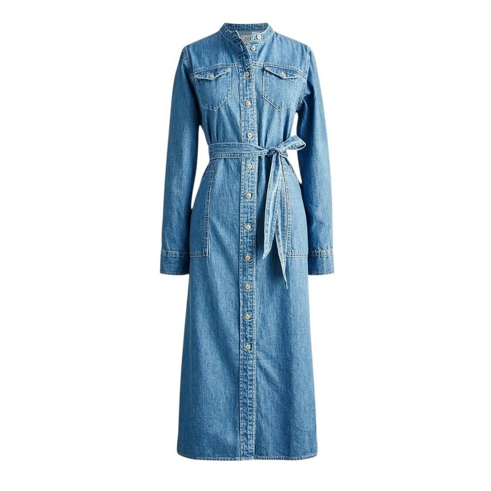 J.Crew Womens 12 NWT Western Indigo Denim Shirt Dress Belted Ranch Country Patch
